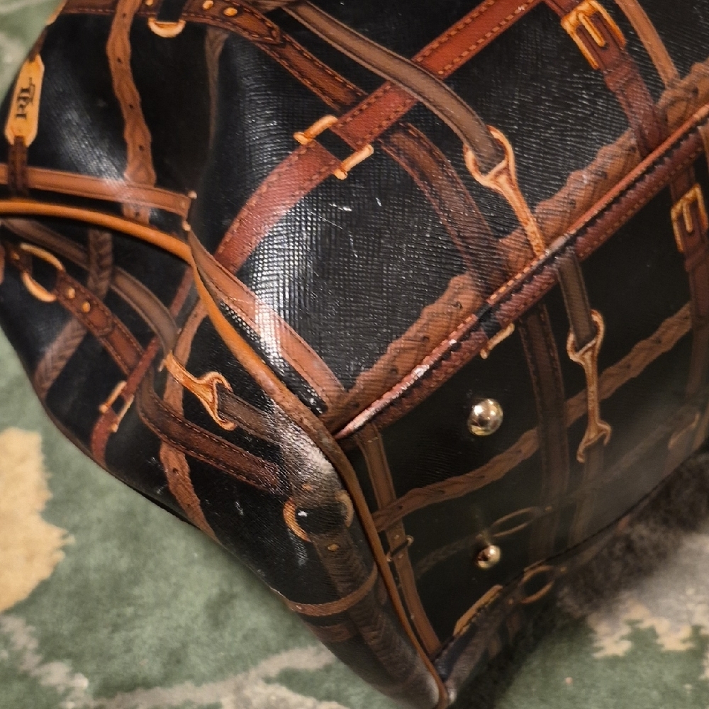 Ralph Lauren Black & Brown Patterned Leather-Trim Hobo Bag - Picture 7 of 16